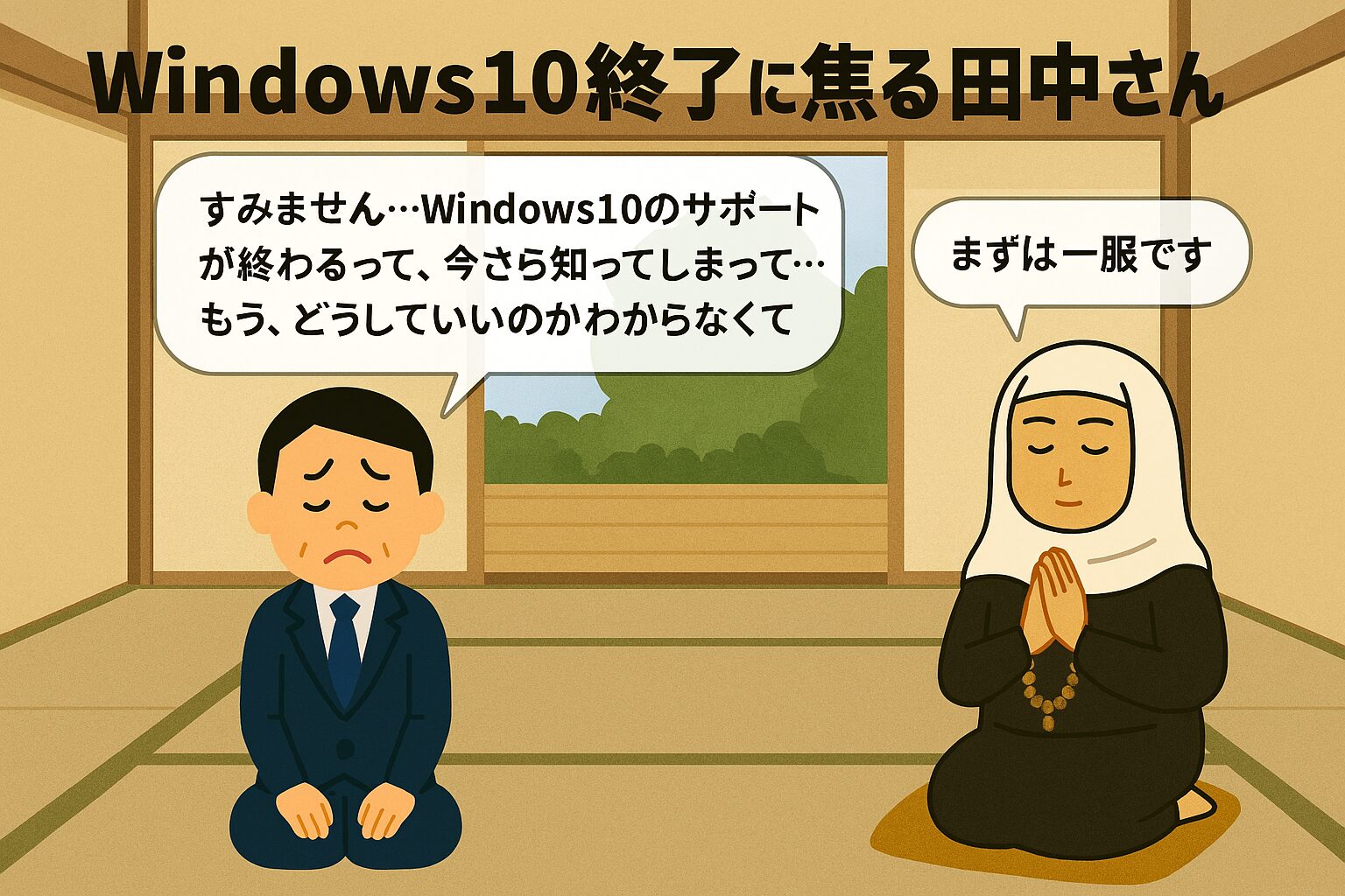 畳の部屋で正座する田中さんと灯子尼。田中さんはWindows10終了に焦り、灯子尼が「まずは一服です」と語りかける。