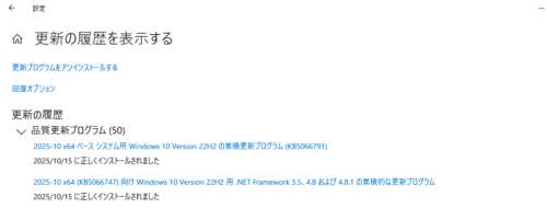 Windows Update 「更新の履歴を表示する」画面。KB5066791とKB5066747が正しくインストールされましたと表示されている。