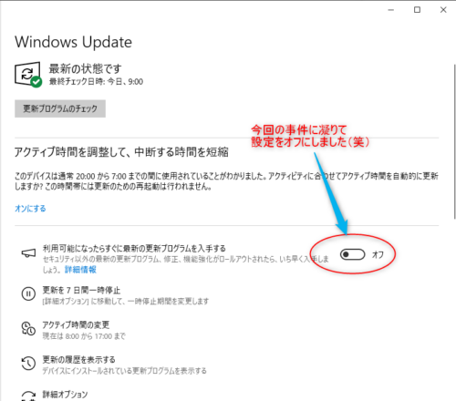 Windows Update 「利用可能になったらすぐに更新の更新プログラムを入手する」をオフにしている画像