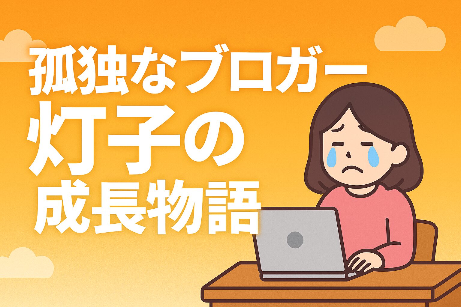 「孤独なブロガー灯子がPCに向かい涙を流す様子を描いたイラスト。背景はオレンジ色のグラデーションで、中央に『孤独なブロガー 灯子の成長物語』という白い文字が配置されている。」