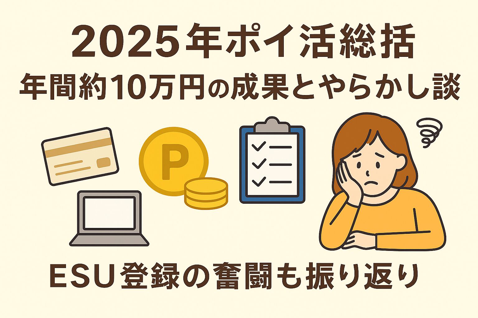 2025年のポイ活総括をテーマにした横長アイキャッチ画像。ベージュ背景に、ポイントカード・コイン・チェックリスト・パソコン・スマホのイラストが並び、右側には悩む様子の女性のイラスト