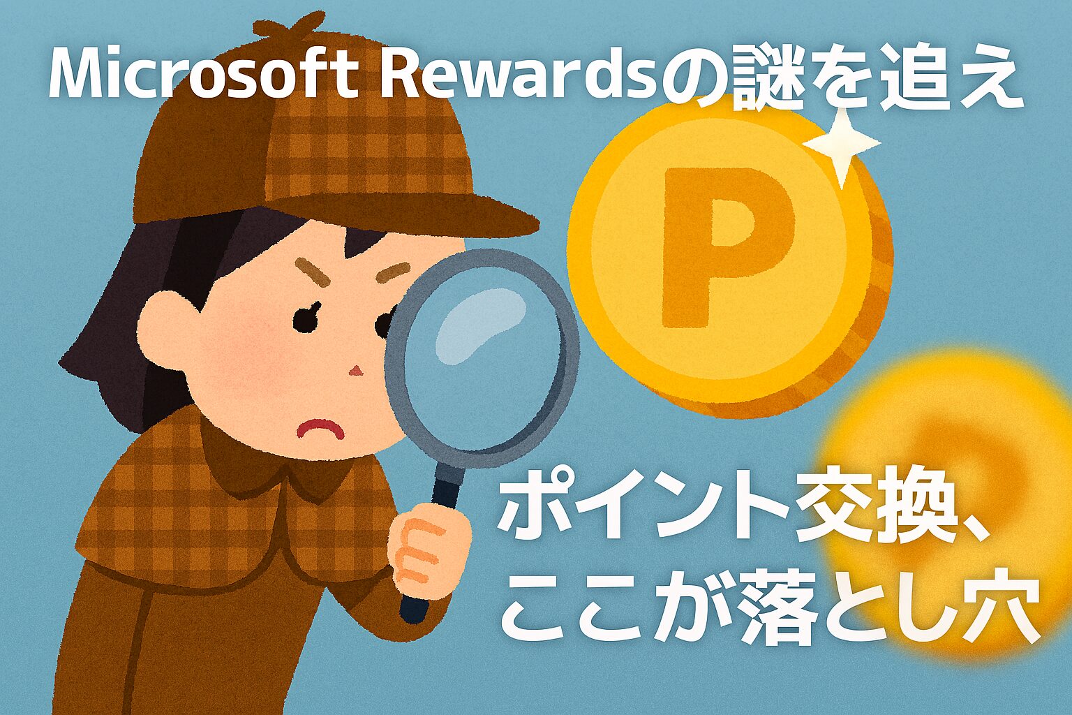 虫眼鏡を持った女性探偵が楽天ポイントのコインを調査しているイラスト。背景は青、コインには『P』の文字。『Microsoft Rewardsの謎を追え』『ポイント交換、ここが落とし穴』という文字入り。