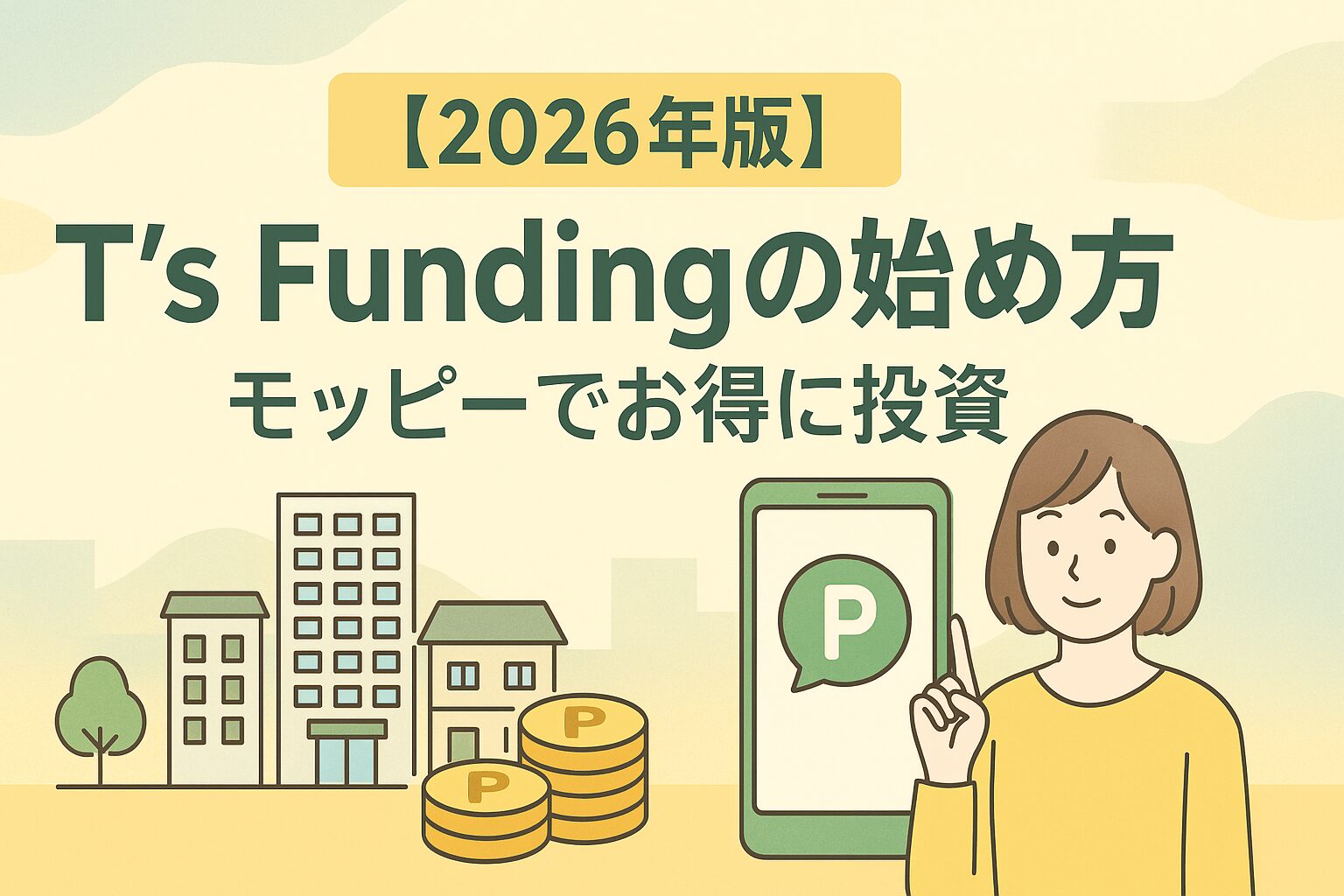 【2026年版】T’s Fundingの始め方を紹介するアイキャッチ画像。モッピーでお得に投資する方法をやさしい雰囲気で表現。スマホ画面と女性イラスト、不動産の街並み、ポイントのコインが描かれている。