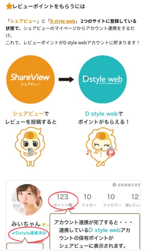 レビューポイントをもらう方法の説明画像。シェアビューとD Style webを連消させる必要があると説明されている。