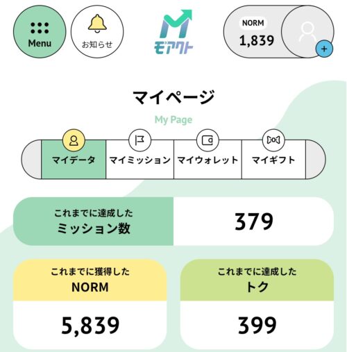 筆者の「モアクト」マイページの画像。これまでに5,839NORM(5,839円相当)稼いだことがわかります。