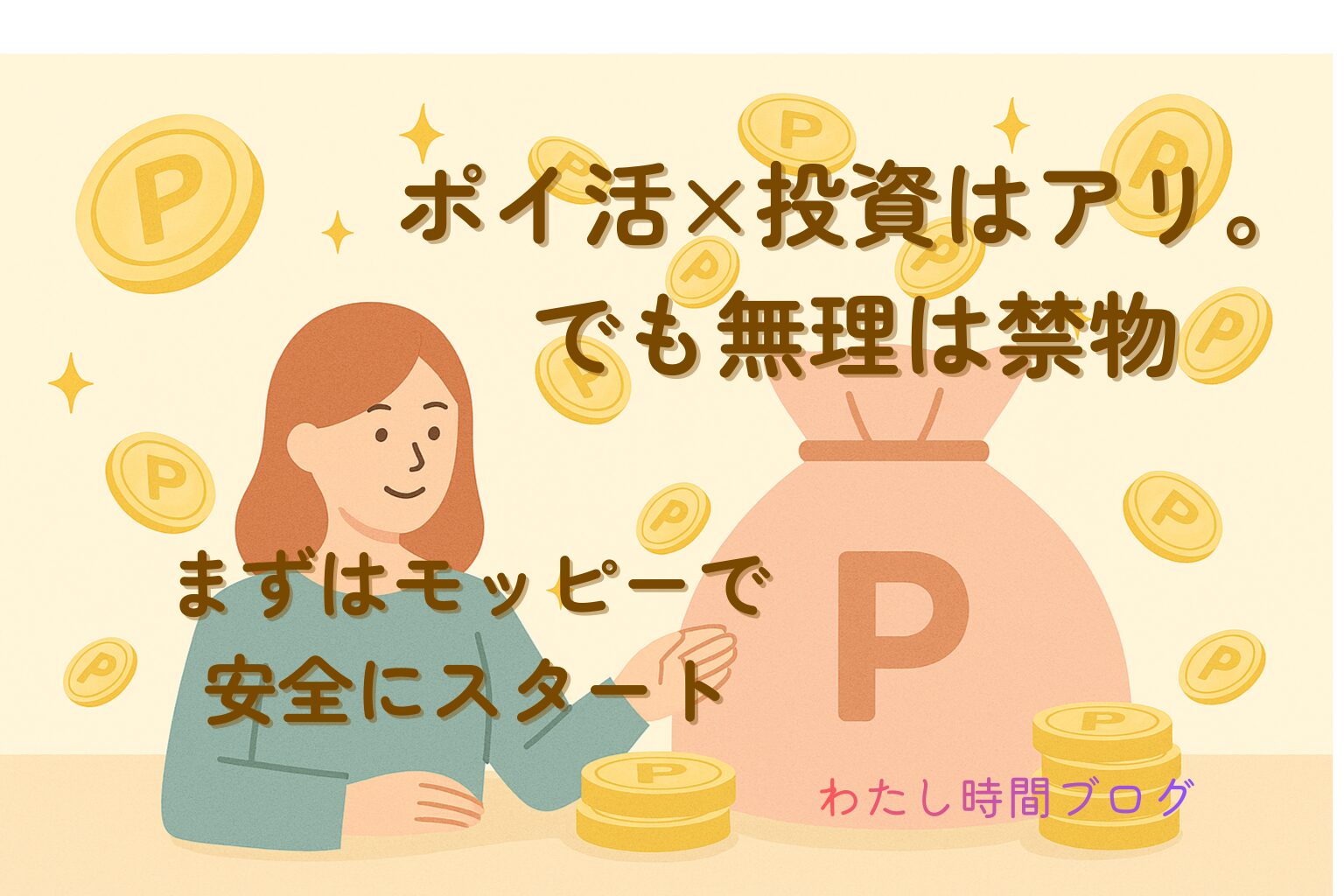 ポイントが舞う中、女性が微笑みながらマネーバッグに手を添える優しいイラスト。ポイ活×投資を安心して始める雰囲気を表現。