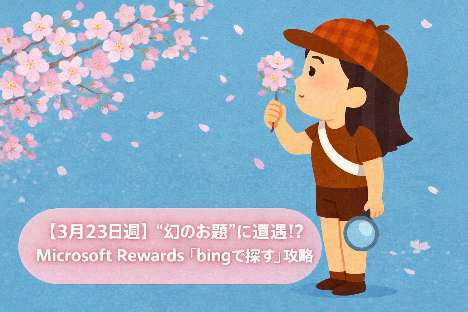 桜の花に見惚れて立ち止まるランナー姿の迷探偵・灯子。春の空気の中、手に持った虫眼鏡を下げながら、ちらほら咲く桜を穏やかに見つめている。背景は青空で、花びらが舞っている。