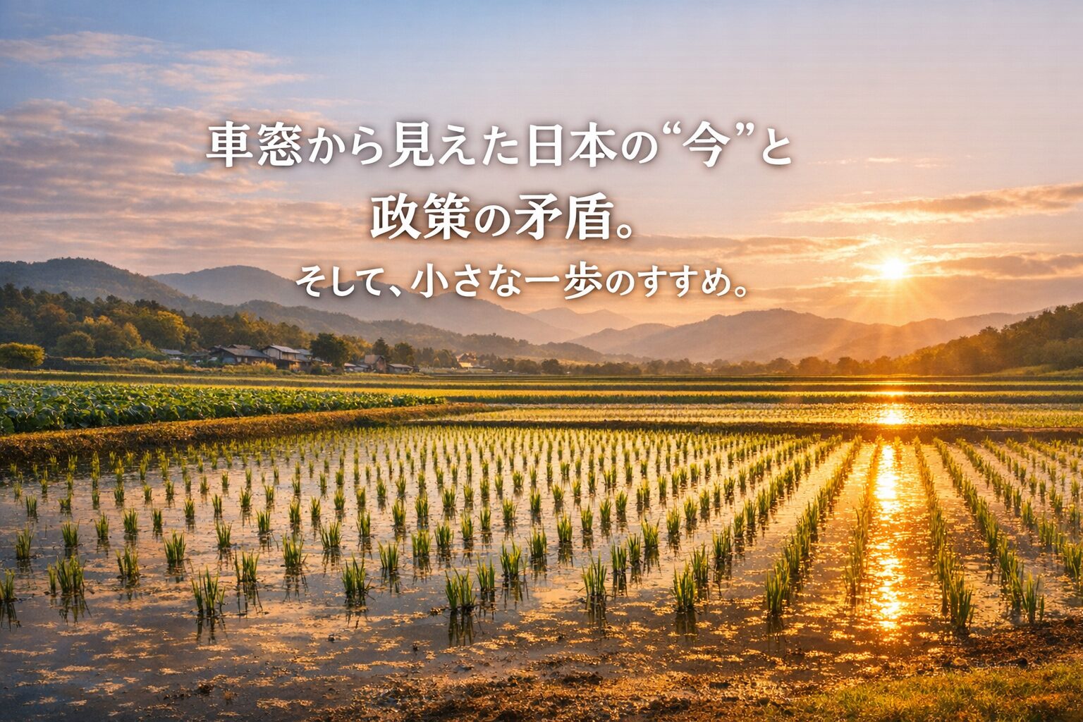 春先の田園風景。田植え直後の苗が並ぶ水田と、夕陽に照らされた静かな山並み。希望を込めたイメージとして使用。