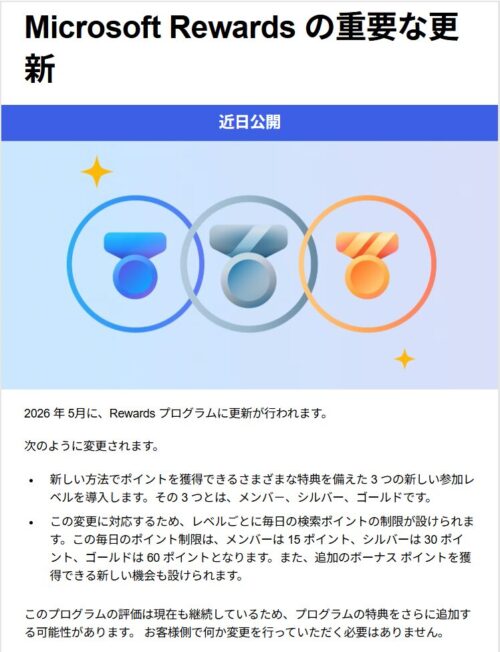 2026年4月15日に筆者に届いた「Microsoft Rewardsの重要な更新」メールのスクショ画像
