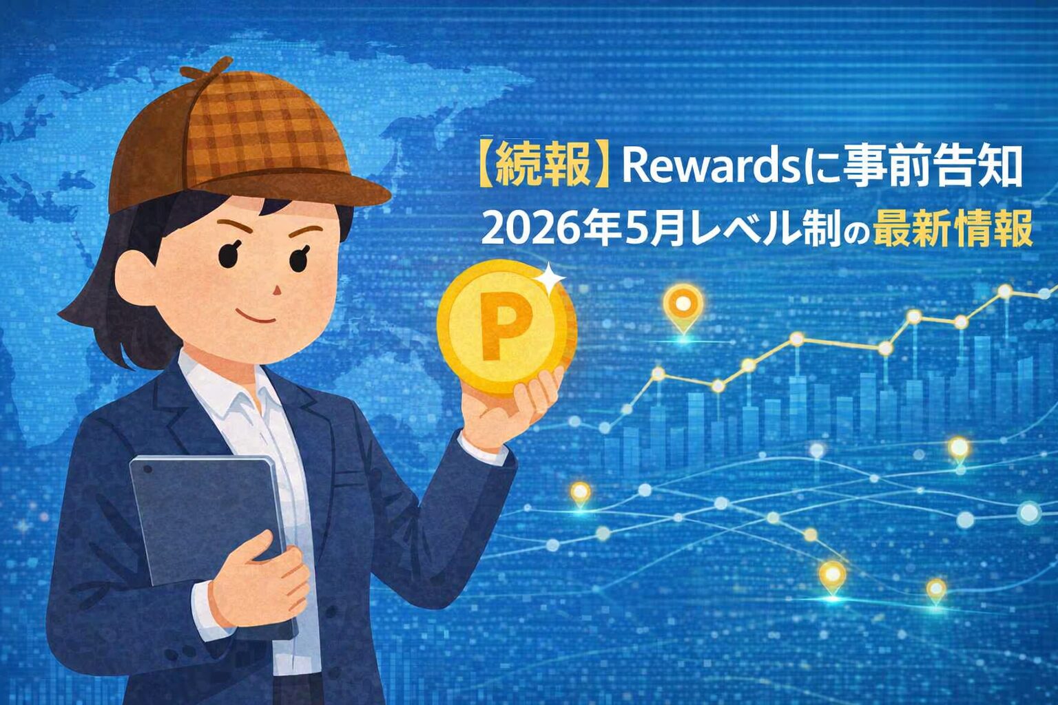 【続報】Rewardsに事前告知｜2026年5月レベル制の最新情報を示すアイキャッチ画像。帽子をかぶった分析官キャラクターがタブレットとポイントコインを持ち、青い世界地図とデータグラフを背景に立っている。