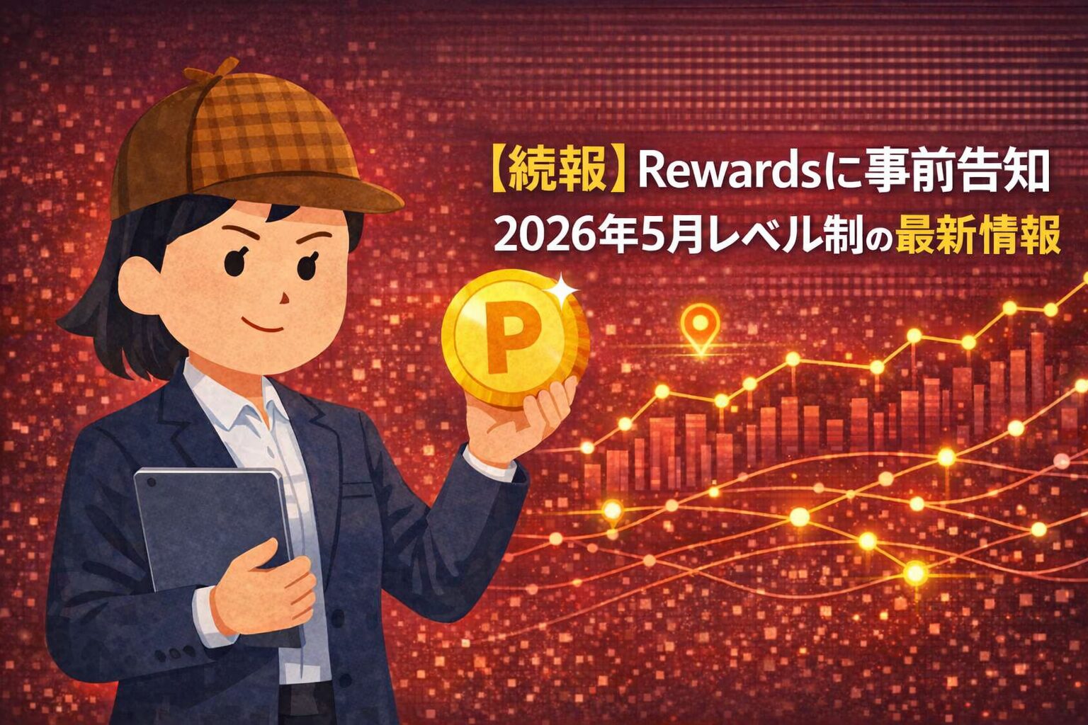 【続報】Rewardsに事前告知｜2026年5月レベル制の最新情報を示すアイキャッチ画像。帽子をかぶった分析官キャラクターがタブレットとポイントコインを持ち、ワインレッドの背景に金色のグラフラインが描かれている。