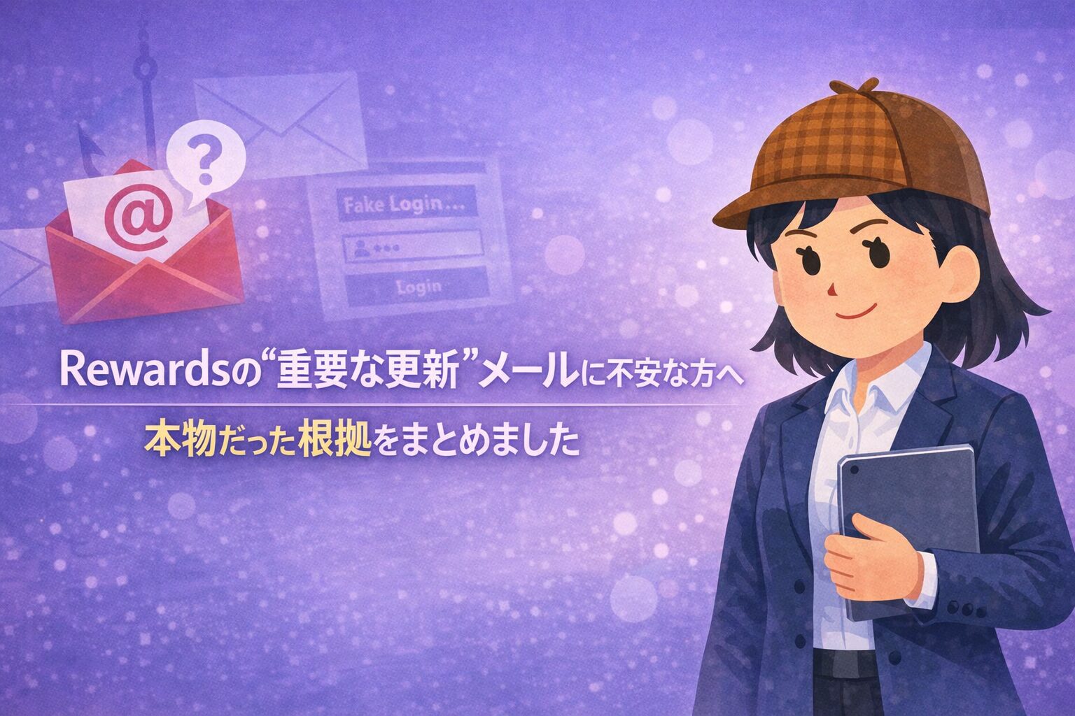 Microsoft Rewards「重要な更新」メールに不安を感じる人へ向けたアイキャッチ画像。淡い紫の背景に、タブレットを持つ女性キャラクターが微笑みながら立っている。左側にはメールアイコンと「？」マークが描かれ、詐欺メールへの不安と落ち着いた検証の雰囲気を表現している。