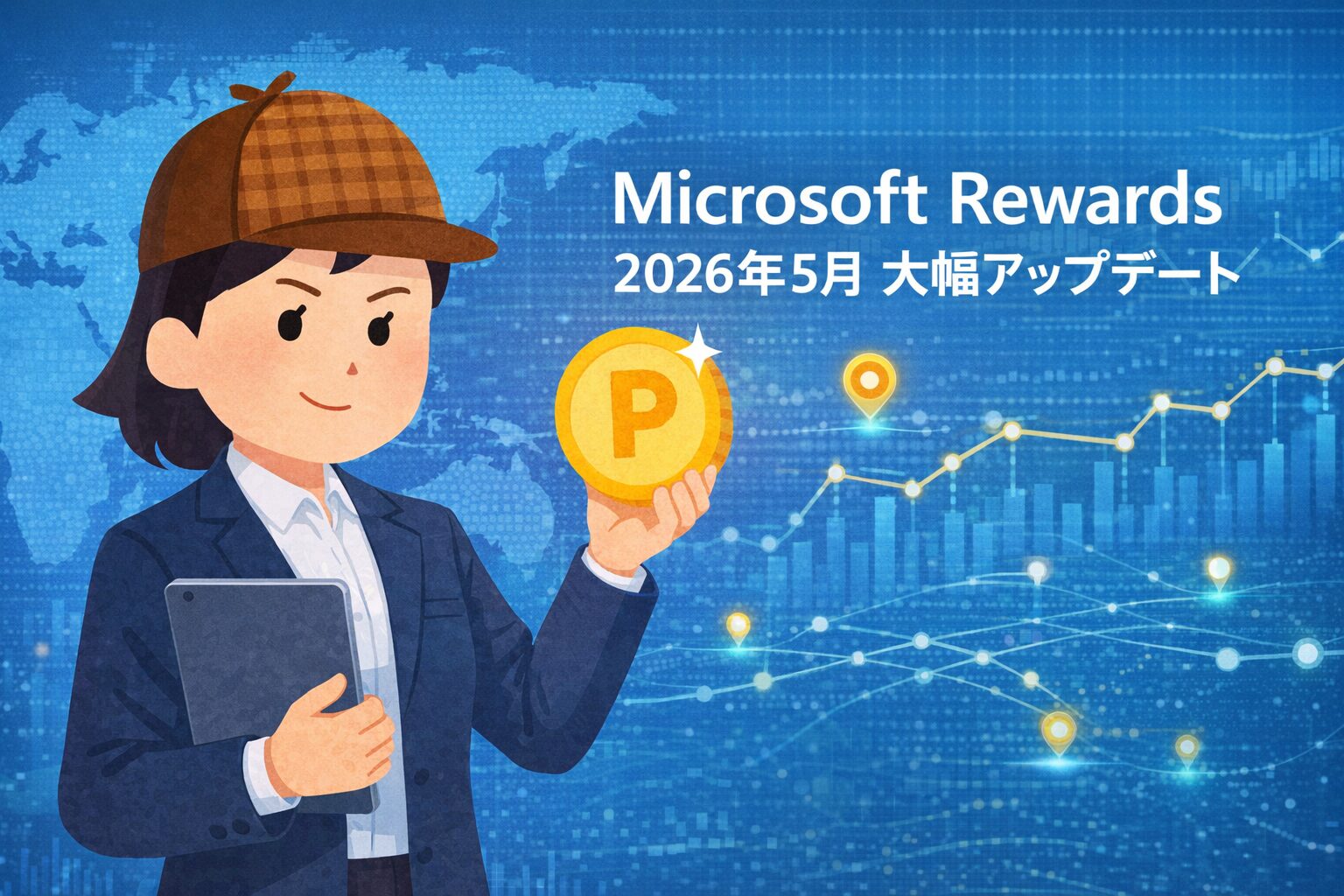 茶色のチェック柄探偵帽をかぶった女性分析官が、タブレットと金色の『P』コインを持って微笑んでいる。青い背景に世界地図とデータラインが浮かび、『Microsoft Rewards』『2026年5月 大幅アップデート』の文字が表示されているブログ用アイキャッチ画像。