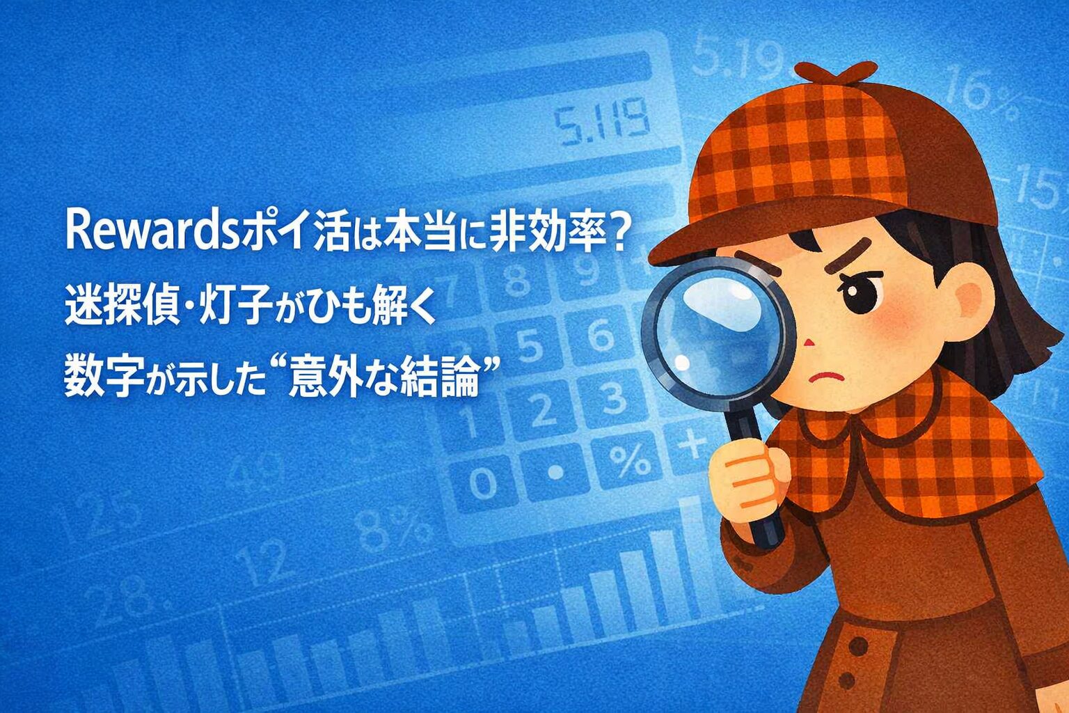 Microsoft Rewardsの効率を検証する記事のアイキャッチ。迷探偵・灯子が虫眼鏡で数字を調べる姿と、青い背景に電卓のイメージ。左側に「Rewardsポイ活は本当に非効率？迷探偵・灯子がひも解く 数字が示した“意外な結論”」の文字。