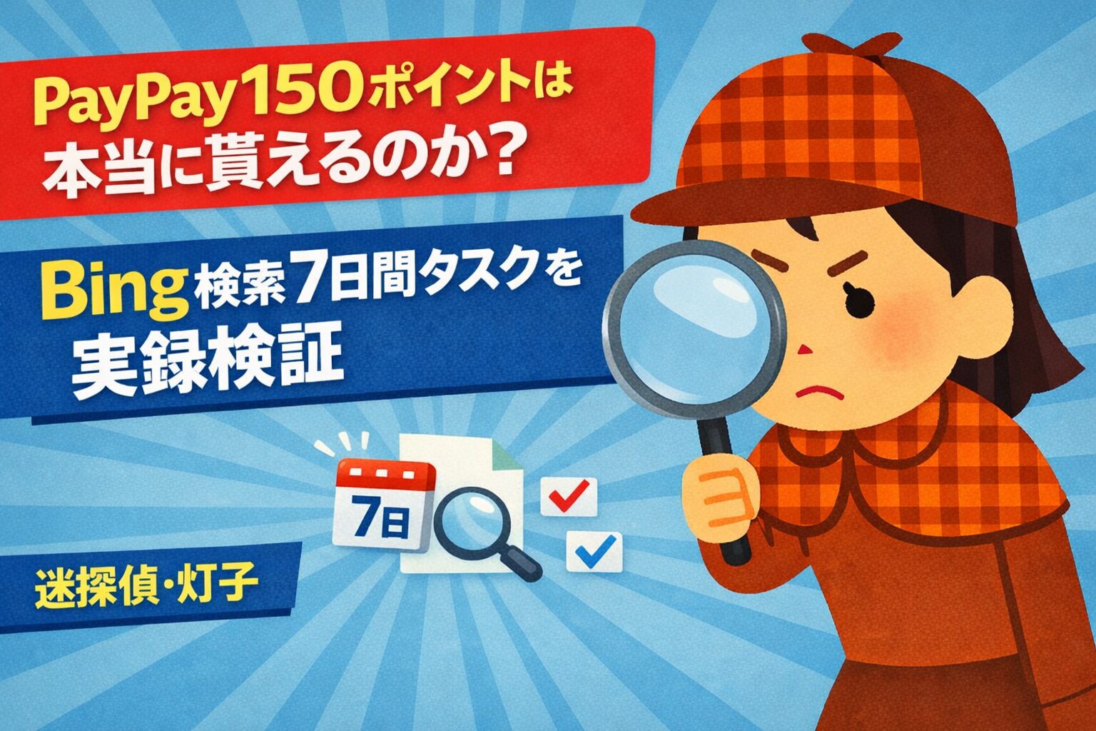 迷探偵・灯子が虫眼鏡を構え、PayPay150ポイントの真相を探るイラスト。 赤と茶のチェック柄の帽子とマントを着た灯子が、青い背景の前で真剣な表情を見せている。 画像上部には「PayPay150ポイントは本当に貰えるのか？」、下部には「Bing検索7日間タスクを実録検証」と書かれている。