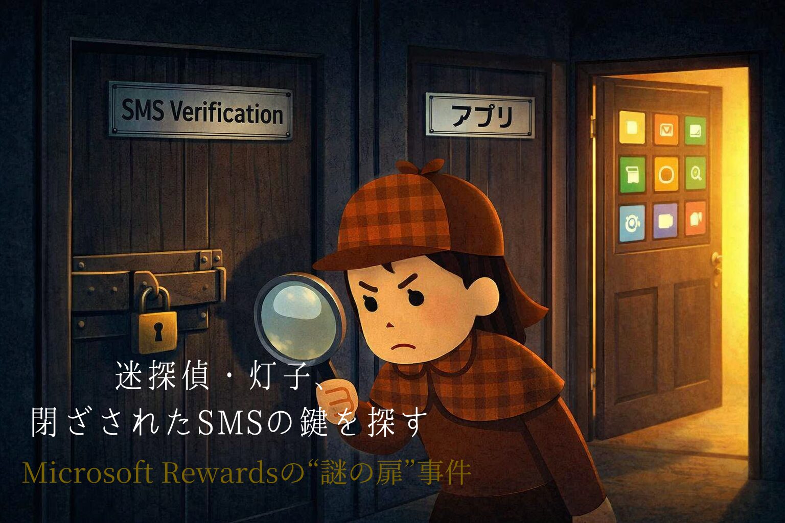 暗い廊下で、探偵帽と虫眼鏡を持つ迷探偵・灯子が、鍵のかかった『SMS Verification』の扉を調べている。隣には『アプリ』と書かれた扉が明るく開いており、二つの扉の対比が強調されているミステリー風の横長イラスト。