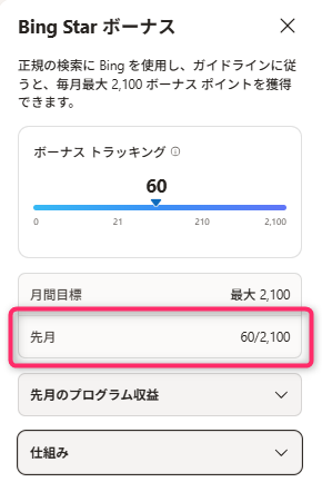 筆者のダッシュボード「Bing Starボーナス」欄の画像。先月分は「60ポイント」と表示されている。