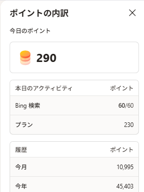 Rewards『ポイントの内訳』のスクショ画像。今月のポイントは『10,995』と記載されている。
