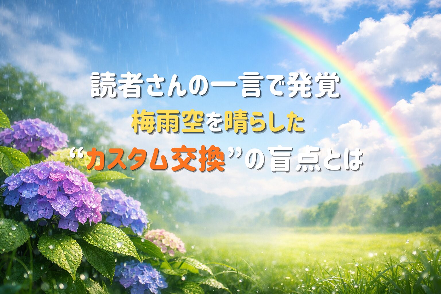 雨上がりの草原に咲く紫陽花と虹。水滴が光る葉の向こうに、梅雨の晴れ間を感じさせる爽やかな風景。中央に「読者さんの一言で発覚」「梅雨空を晴らした」「“カスタム交換”の盲点とは」 という文字が記載されている。