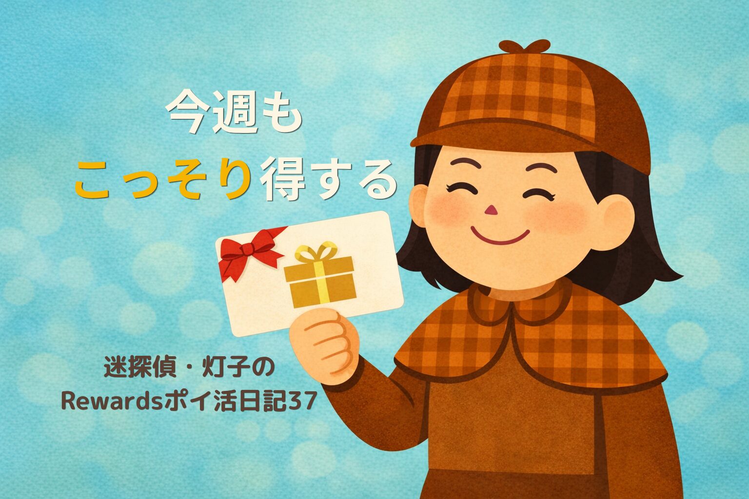 笑顔の迷探偵・灯子がギフトカードを手にするイラスト。 青い背景に『今週も こっそり得する』『迷探偵・灯子のRewardsポイ活日記37』の文字。