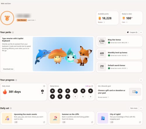 7月29日、筆者のRewardsダッシュボード画面。 すべて英語表記になっている。