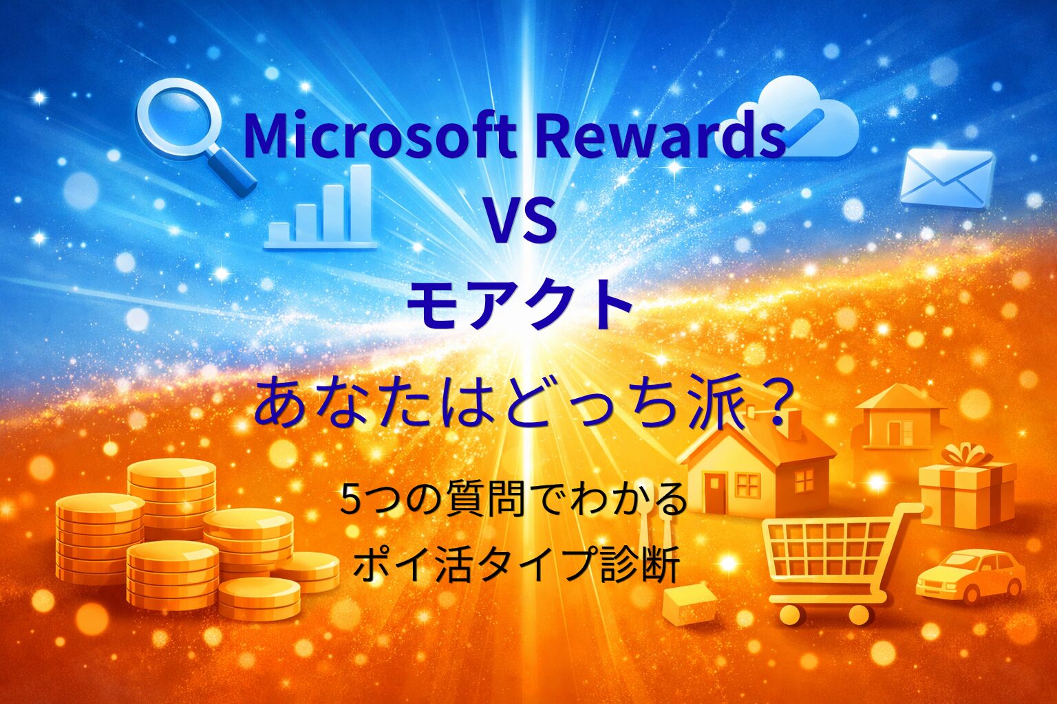 青とオレンジの背景で「Microsoft Rewards VS モアクト」と書かれた比較テーマのアイキャッチ画像。左側は検索やクラウドを象徴する青いアイコン、右側はコイン・家・ショッピングカートなど生活を象徴するオレンジのアイコンが配置されている。中央に光が差し込み、「あなたはどっち派？5つの質問でわかるポイ活タイプ診断」という文字が入っている。