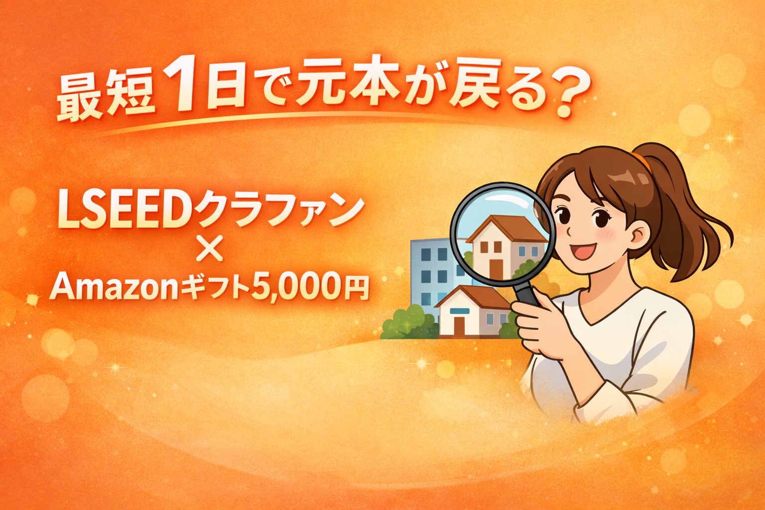 「最短1日で元本が戻る？LSEEDクラファンとAmazonギフト5,000円キャンペーンを紹介するオレンジ背景のアイキャッチ画像