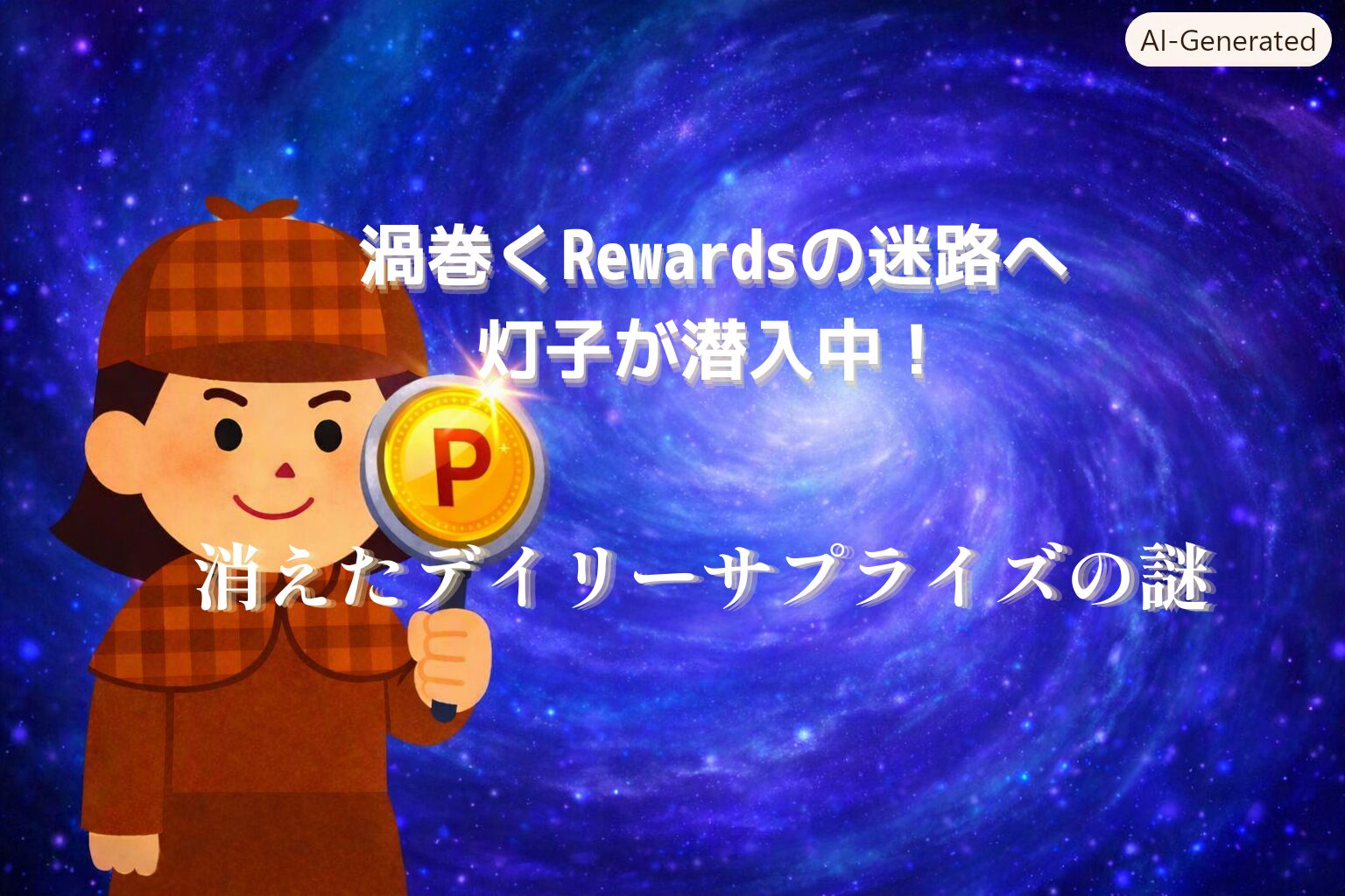 青と紫の渦が広がる幻想的な背景に、茶色のチェック柄の探偵帽とコートを着た灯子が立っている。右手の虫眼鏡には「P」と書かれた金色のコインが輝き、虫眼鏡の縁がキラリと光っている。画像中央には「渦巻くRewardsの迷路へ 灯子が潜入中！ 消えたデイリーサプライズの謎」という白い文字が配置されている。
