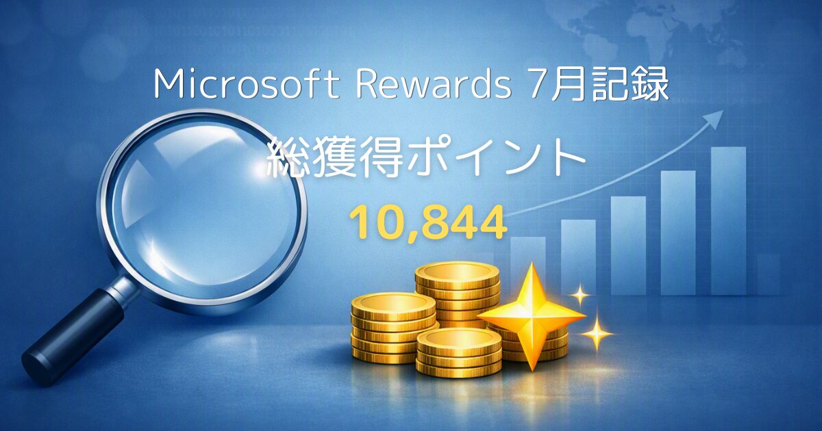 青い背景に虫眼鏡、金色のコイン、星アイコン、上昇する棒グラフを配置したMicrosoft Rewards 7月記録のアイキャッチ画像。総獲得ポイント10,844を示している。