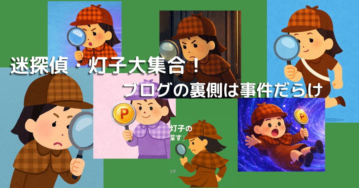迷探偵・灯子が勢ぞろい。ルーペを手にブログの裏側の事件を探る灯子たちの集合イラスト