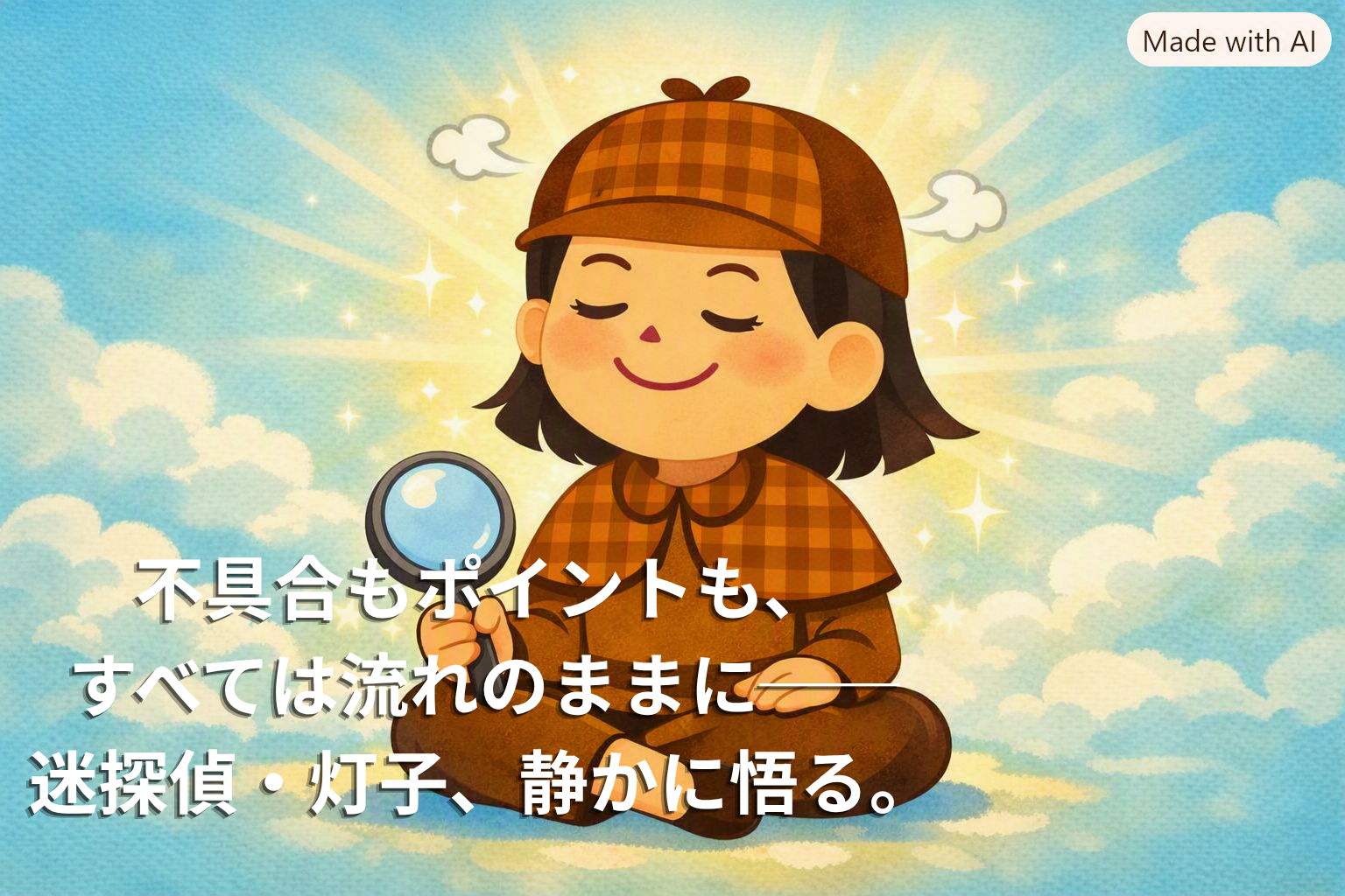 迷探偵・灯子が座禅を組み、虫眼鏡を手に穏やかに微笑むイラスト。雲と光に包まれた背景で「不具合もポイントも、すべては流れのままに──迷探偵・灯子、静かに悟る。」の文字が添えられている。
