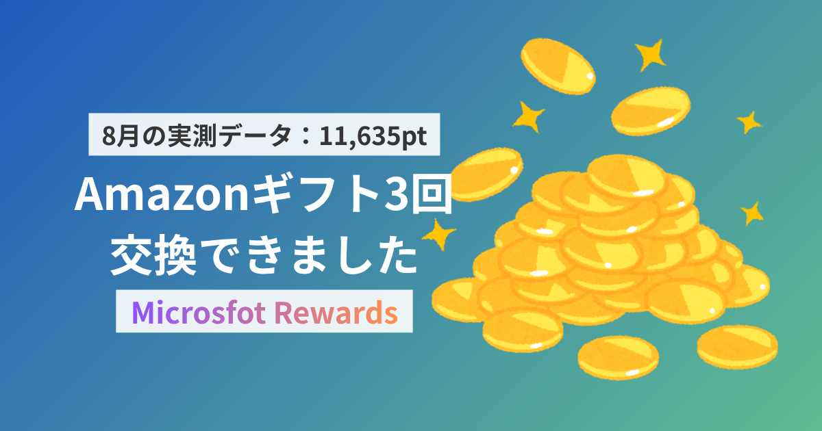 Microsoft Rewards 2026年8月の実測データ：11,635ポイント。Amazonギフト3回交換できたことを示すグラフィック。青から緑へのグラデーション背景に金貨のイラスト。
