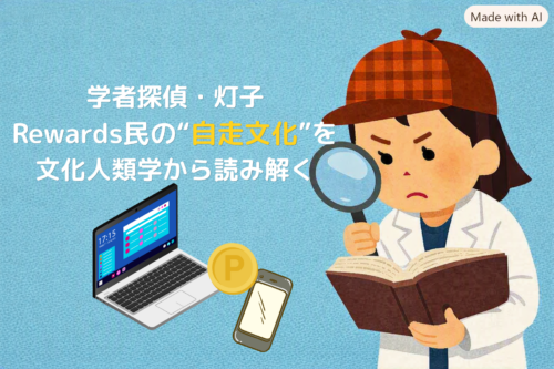 学者探偵・灯子が白衣と探偵帽を身に着け、分厚い本を読みながらルーペで調査し、Rewards民の自走文化を文化人類学の視点で分析しているイラスト。