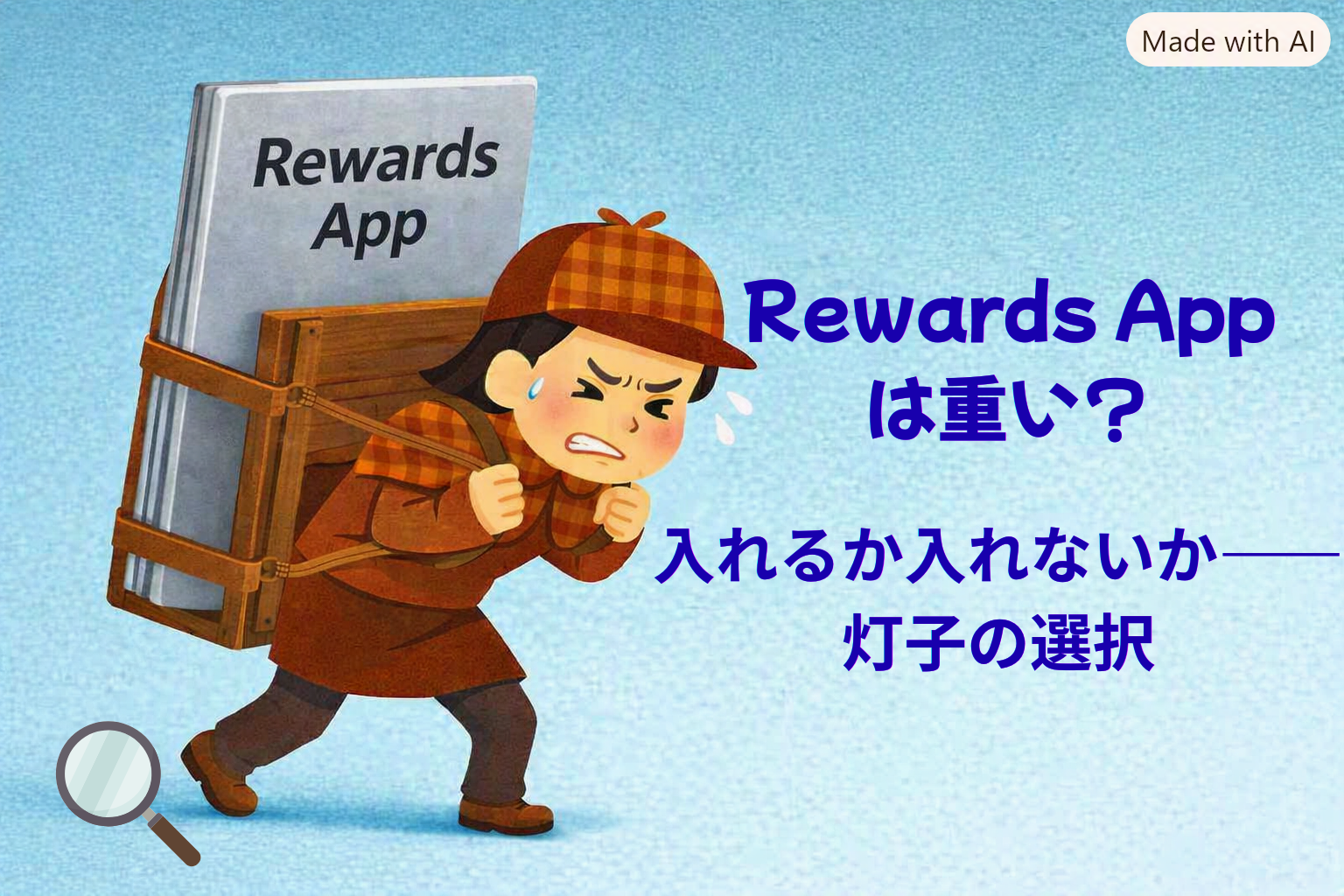 Rewards Appを背負って苦労する灯子探偵。アプリの重さを調査する様子を描いたイラスト