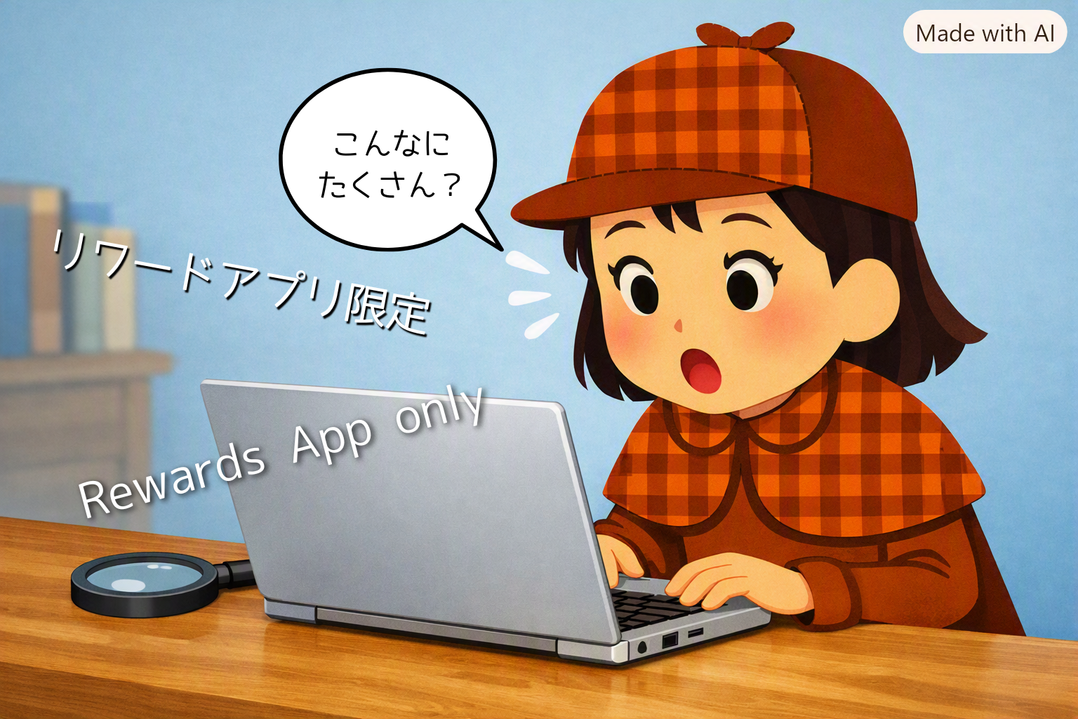 茶色とオレンジのチェック柄の探偵風の女性キャラ・灯子が、木目の机でシルバーのノートPCを見て驚いている。画面左に『リワードアプリ限定』『Rewards App only』の文字、吹き出しに『こんなにたくさん？』と表示されている。
