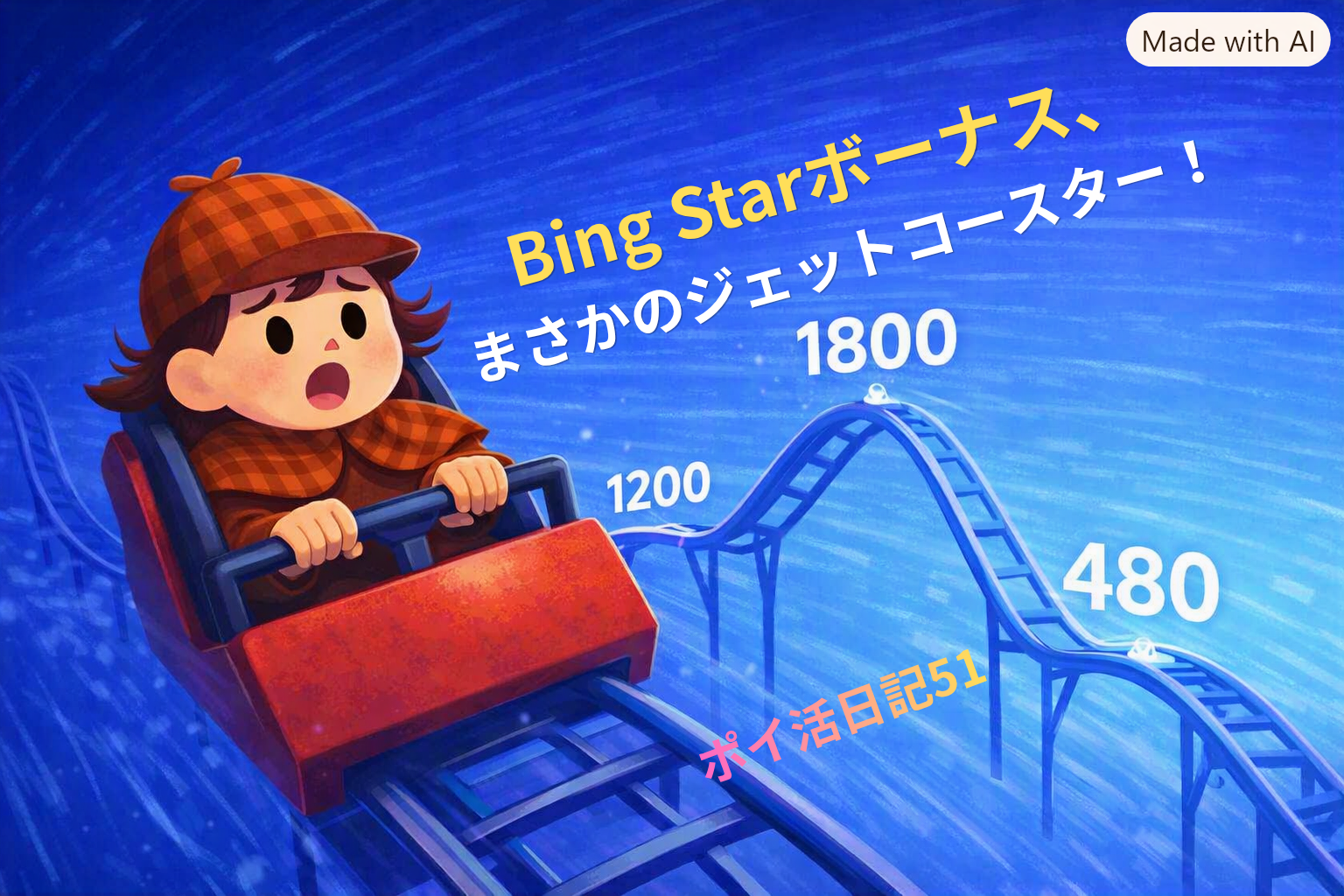 ジェットコースターに乗る迷探偵・灯子が驚いた表情でBing Starボーナスの乱高下を見つめるイラスト。1200→480→1800ポイントの変動を示す青い背景に『Bing Starボーナス、まさかのジェットコースター！ ポイ活日記51』の文字。