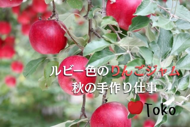 赤く熟した紅玉りんごの木の前に、ルビー色のりんごジャム・秋の手作り仕事と書かれたアイキャッチ画像