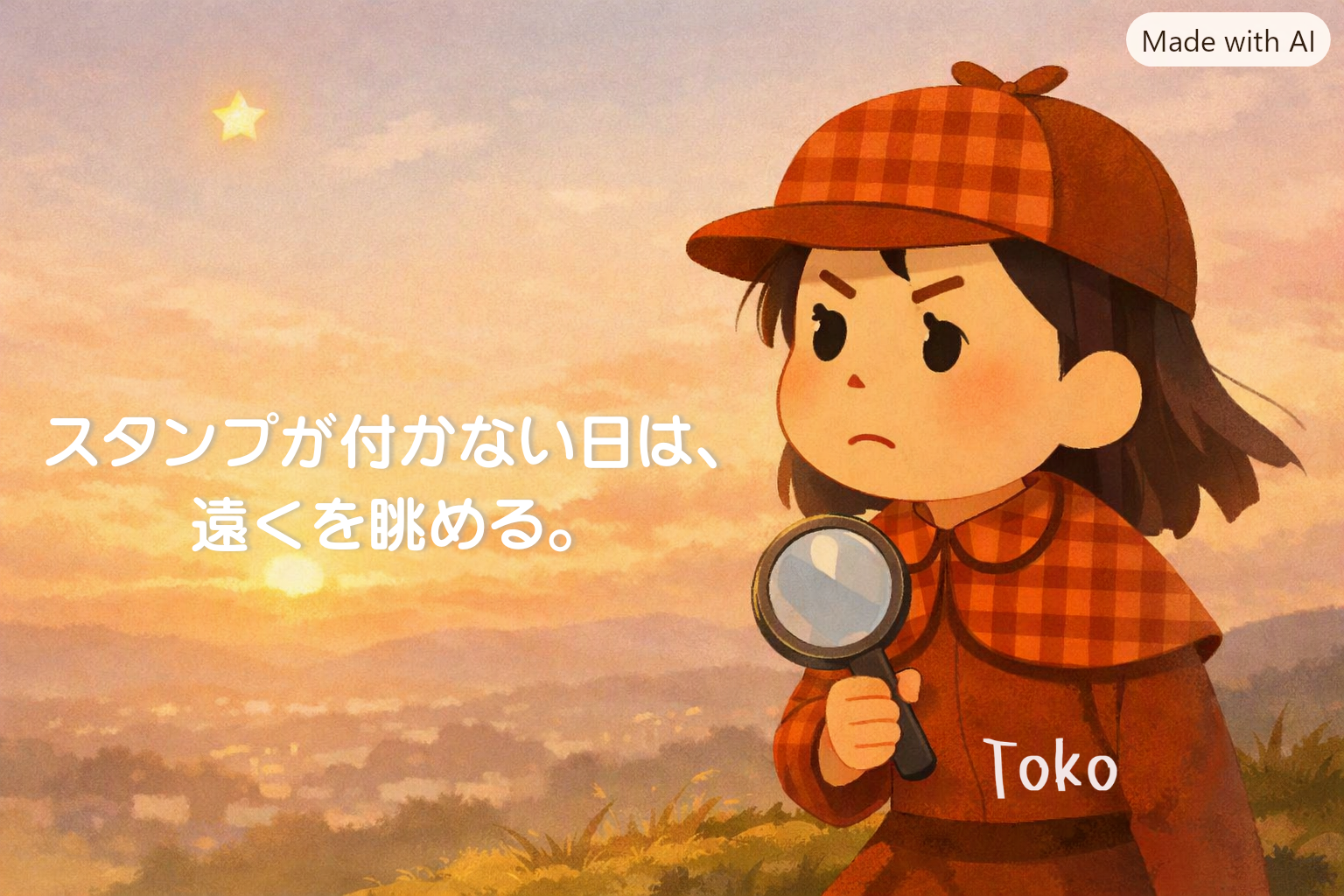 夕焼けの丘で虫眼鏡を軽く持ち、遠くを眺める迷探偵灯子。空には小さな星が浮かび、淡いオレンジの光が広がる。『スタンプが付かない日は、遠くを眺める。』の文字。