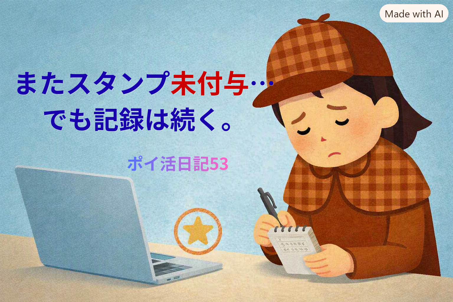 探偵帽の灯子が、肩を落としながらメモ帳に記録をつけている。机にはノートPCとスタンプ風の星アイコン。『またスタンプ未付与…でも記録は続く。』という文字が浮かぶ、ポイ活日記のイラスト。